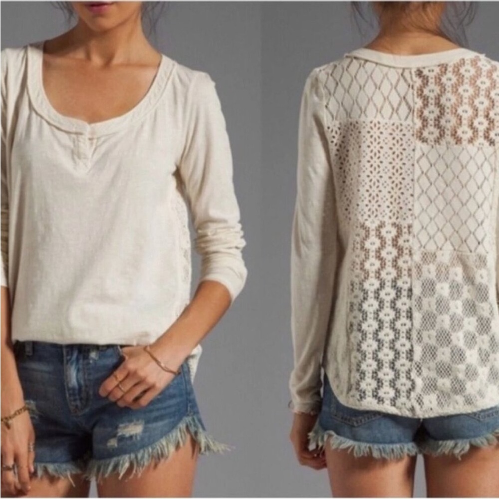 Free People Patchwork Crochet Lace Back Long Sleeve Top Small Ivory beach boho